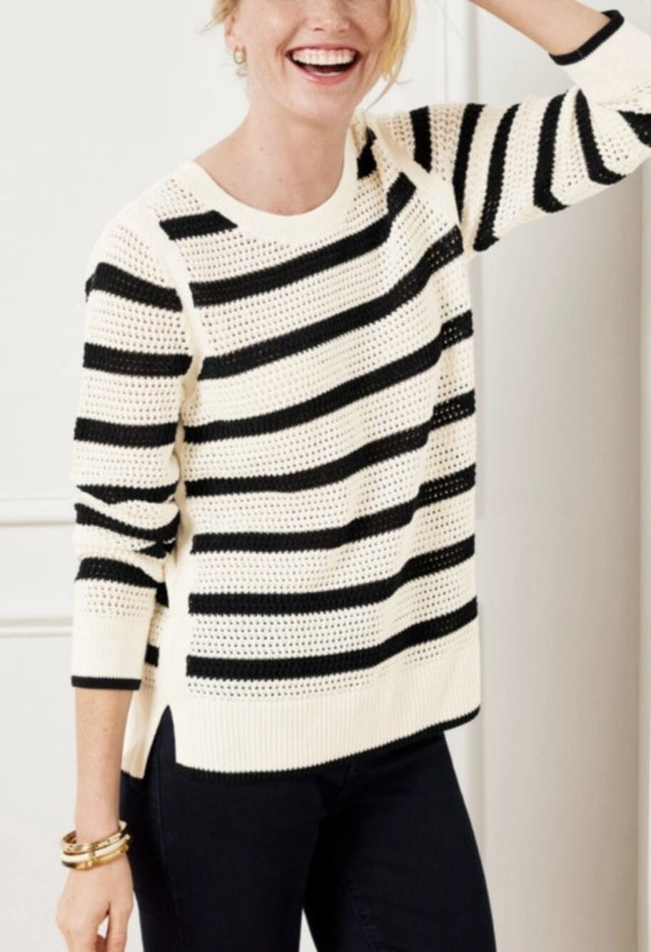 Talbots Striped Open Knit Sweater Black White Layering Top MP
